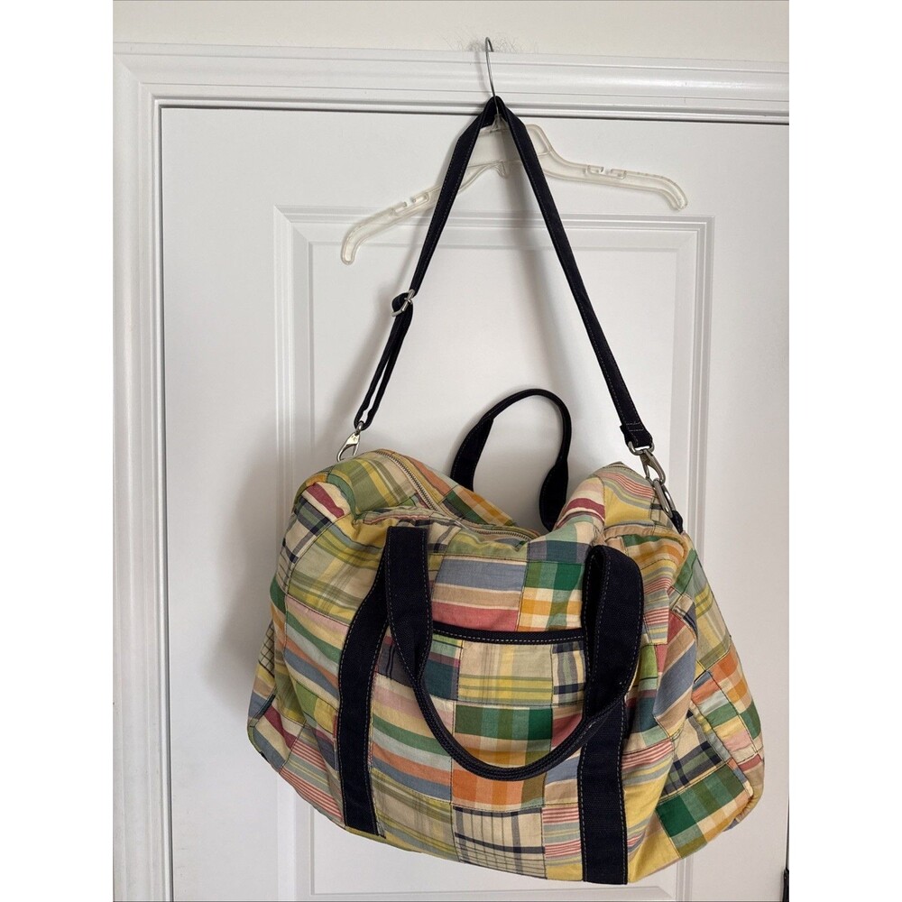 VTG J.Crew Vibrant Plaid Patchwork Madras Cotton Tote Bag Coastal Preppy